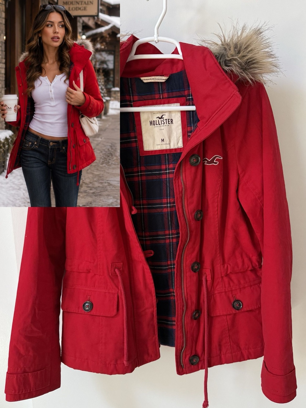 Vintage Y2K Hollister Red Military Utility Parka Jacket with Faux Fur Hood